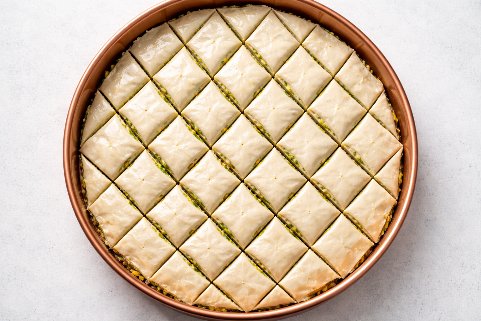 Bakır tepside baklava dilimi kesim deseni