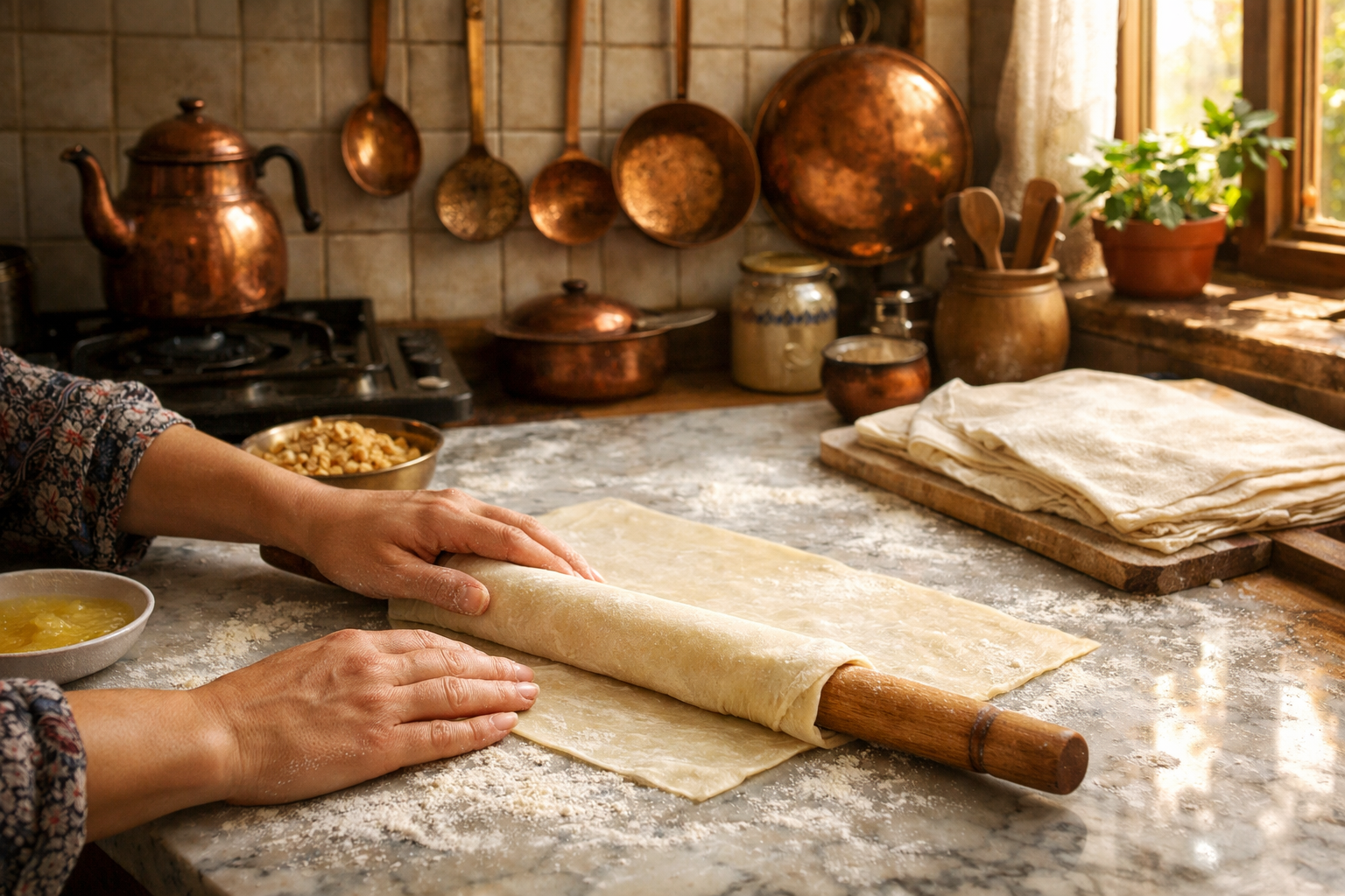 Sıcak ev mutfağında baklava hazırlığı