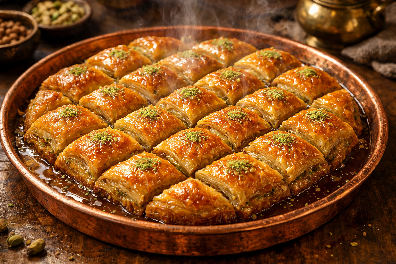 Bakır tepside sıcak ev baklavası