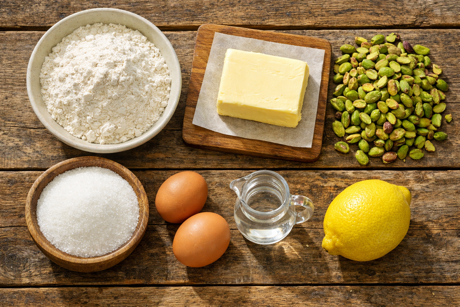 Baklava malzemeleri: un, tereyağı, fıstık ve şeker