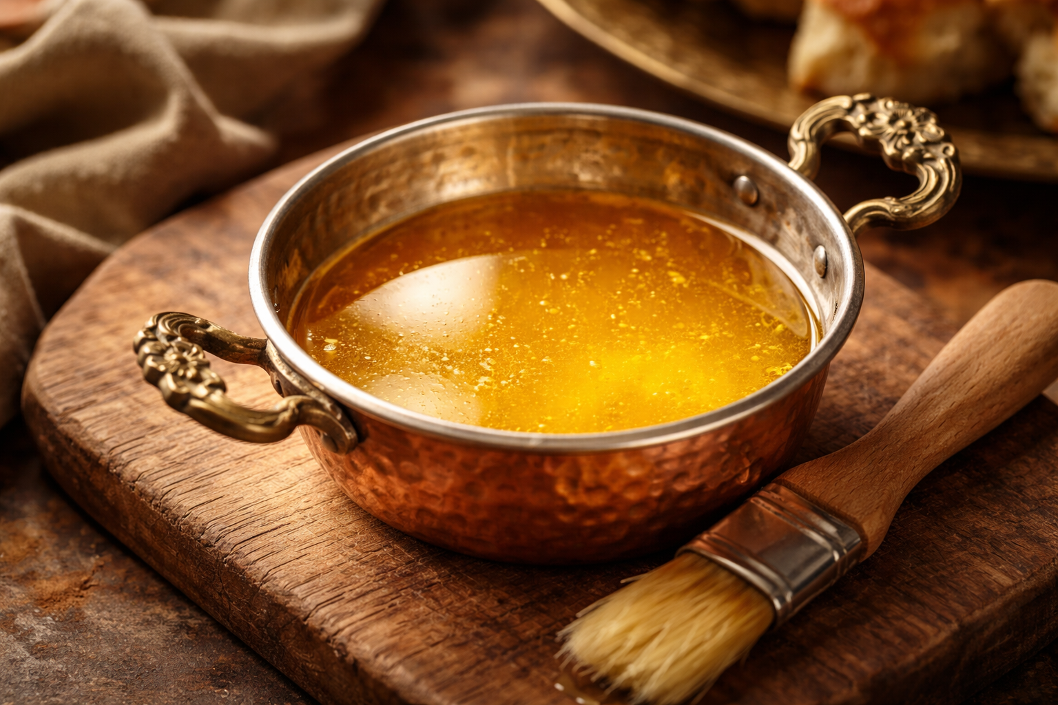 Bakır kapta eritilmiş sadeyağ ve pastacı fırçası