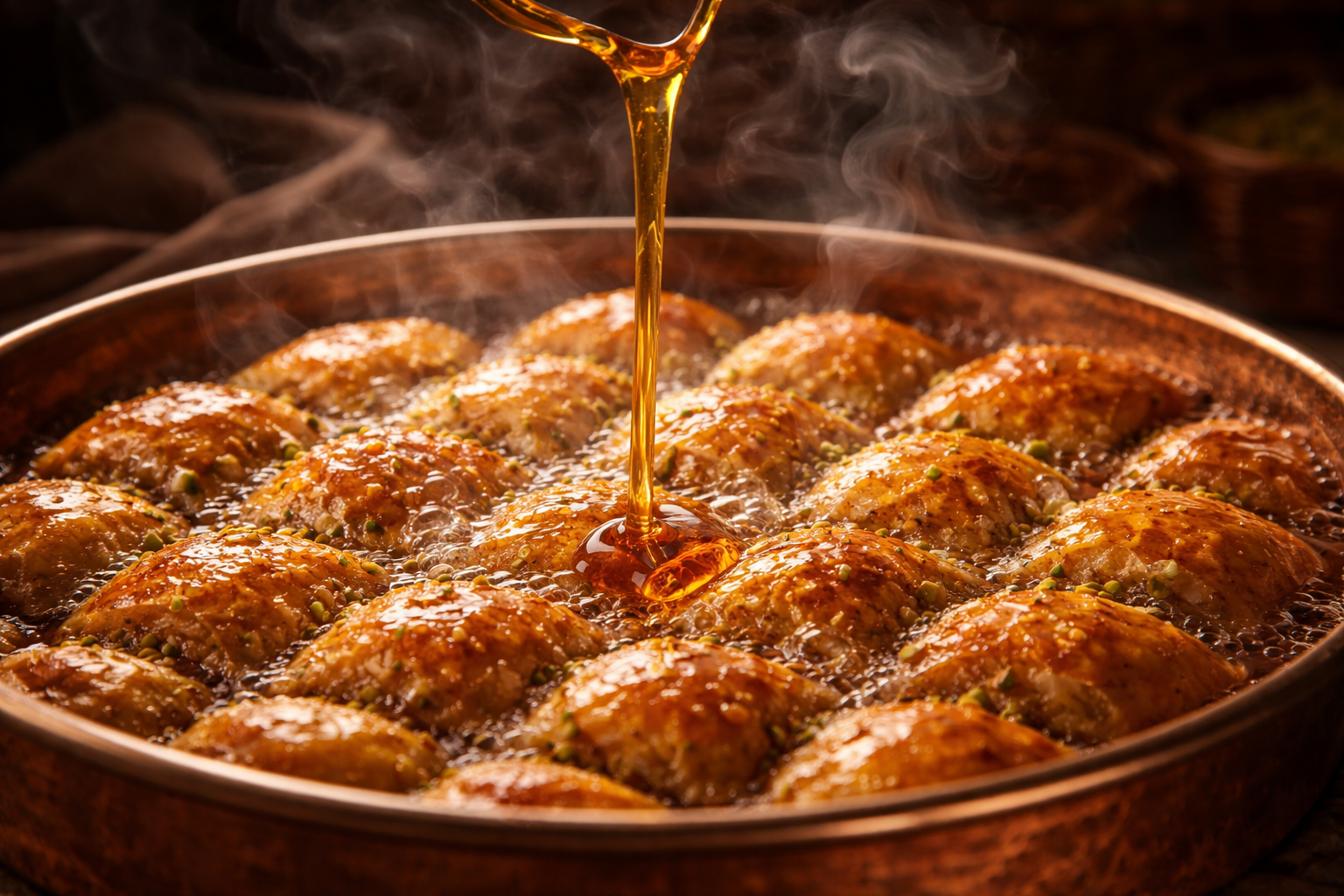 Sıcak baklavanın üzerine şerbet dökülmesi